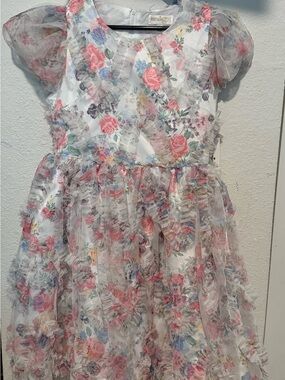 Kensie Floral Ruffle Organza Dress - Pink, Blue & Green